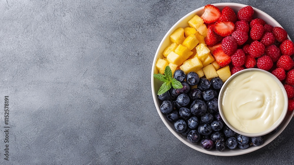Colorful fruit platter with creamy dip. Colorful fruit platter with creamy dip.