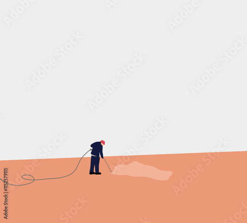 Man with high pressure water cleaner clean street floor removing dirty. Minimal art design.