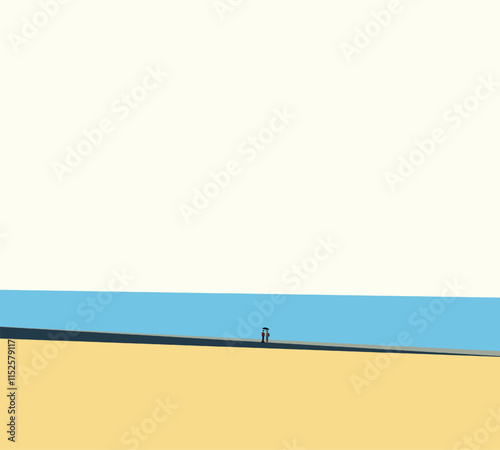 Couple under umbrella standing near lake on holiday vacation. Nature background. Minimal art design.