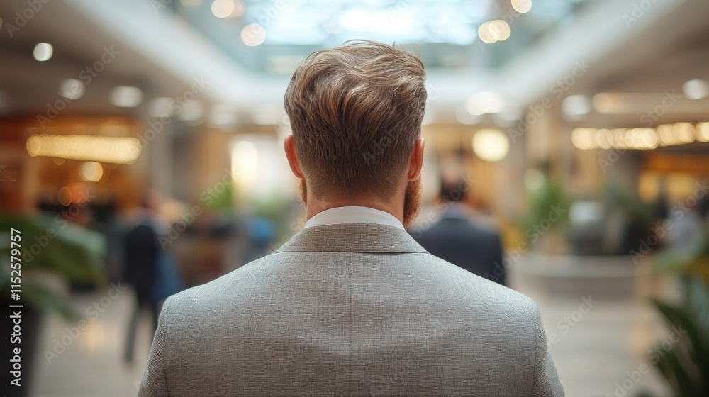 Man in Grey Suit Walking Through a Modern Building