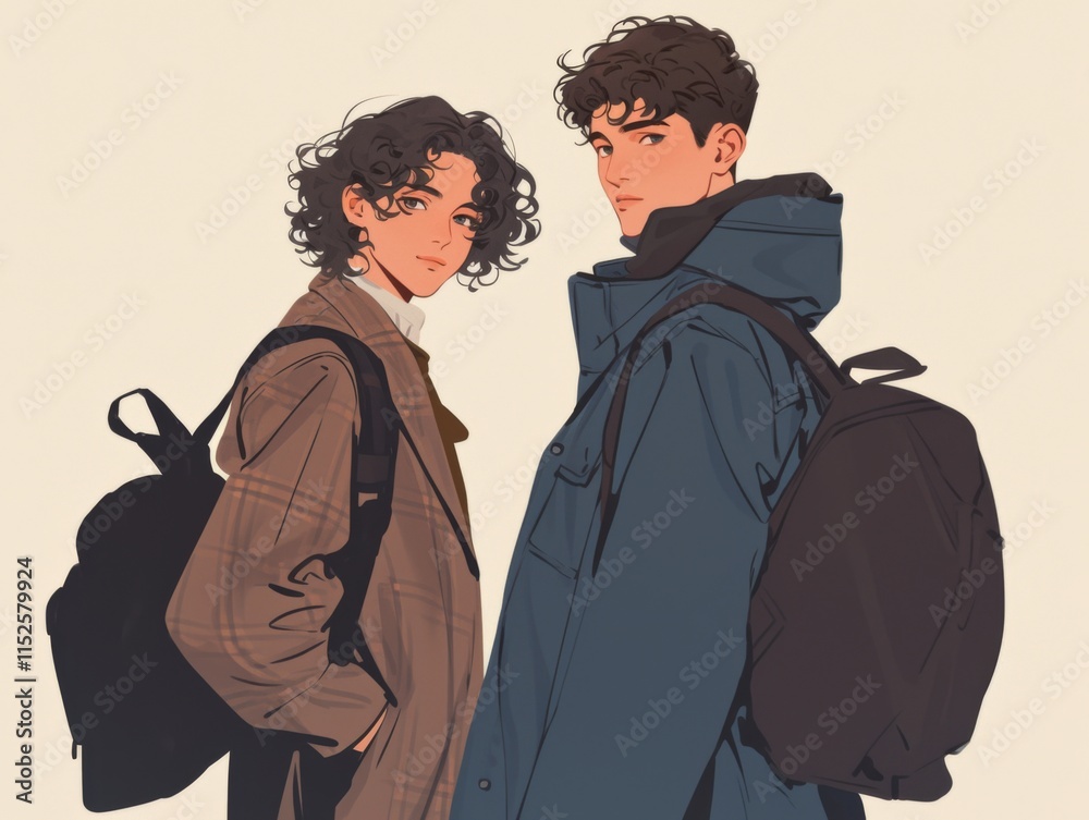 Two young men with curly hair standing back-to-back, one in a dark gray coat and the other in a light blue jacket Two young men with curly hair standing back-to-back, one in a dark gray coat and the other in a light blue jacket