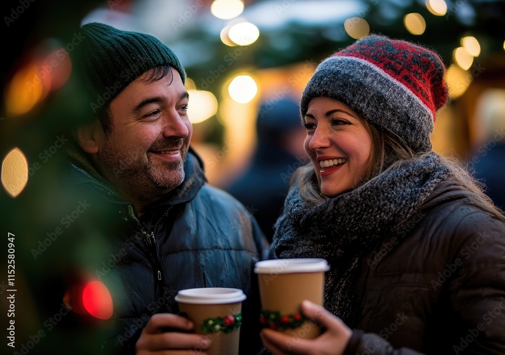 A couple enjoying coffee at an outdoor winter market, smiling and holding cups of hot cocoa with Christmas decorations in the background. A couple enjoying coffee at an outdoor winter market, smiling and holding cups of hot cocoa with Christmas decorations in the background.