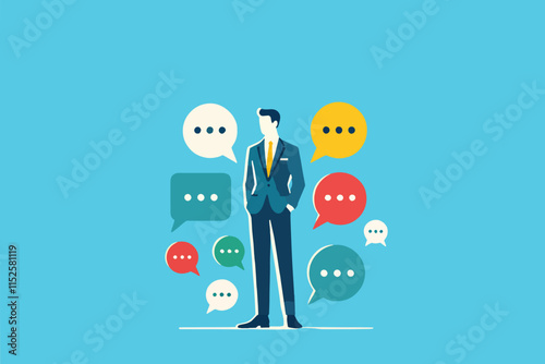 A Dynamic Entrepreneur Communicating Boldly, Multiple Speech Bubbles Showcasing Ideas and Strategies
