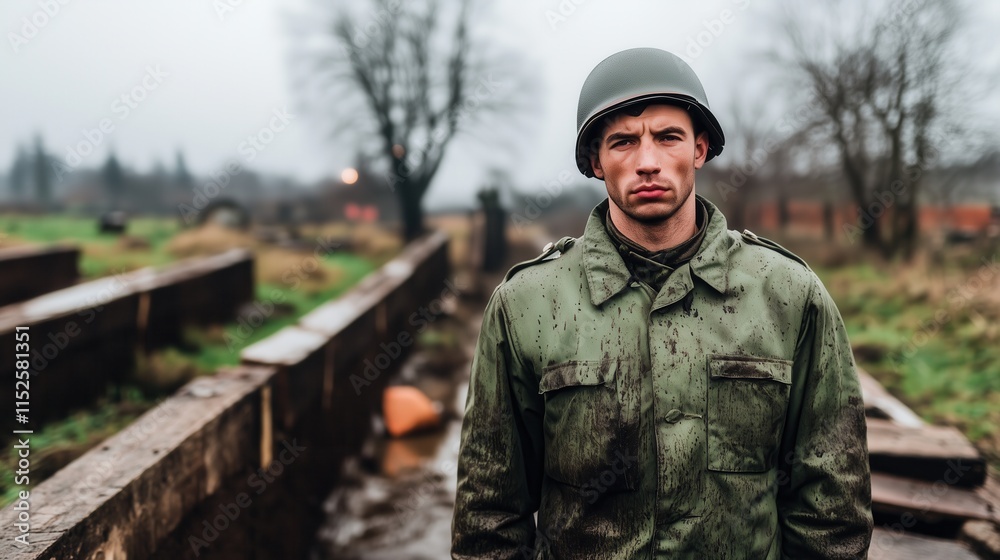 Military officer standing in a rural battlefield on a rainy day Military officer standing in a rural battlefield on a rainy day