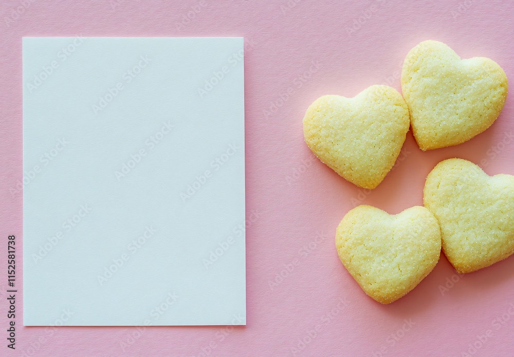 Obraz premium Sweet Heart Shaped Cookies and Blank Note Valentines Day Card Mockup
