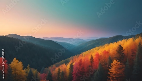 Autumnal Mountain Landscape Sunset Hues Paint Forest