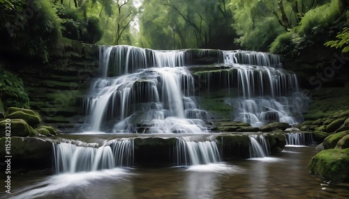 Serene Waterfall Cascading Through Lush Green Forest