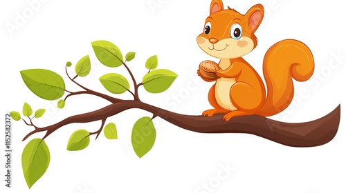 A cute cartoon squirrel sitting on a branch holding a nut, illustrated in a playful style for a children's book, in an Adobe vector format with a clean white background. photo