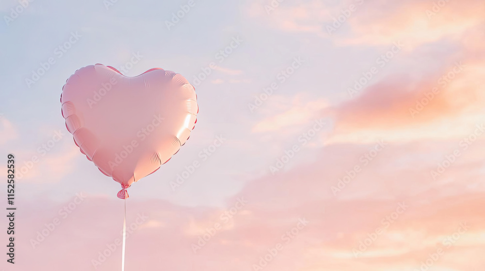 Fototapeta premium pink heart shaped balloon floats against pastel sky, evoking love