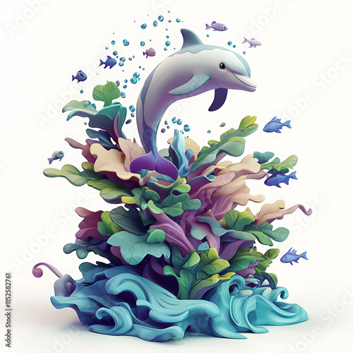 Playful Dolphin in a Vibrant Underwater Scene photo