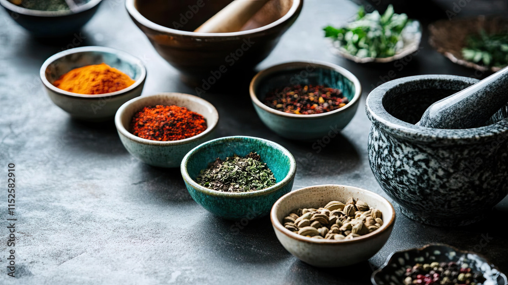 Spices in bowls with mortar and pestle, showcasing vibrant colors and textures Spices in bowls with mortar and pestle, showcasing vibrant colors and textures