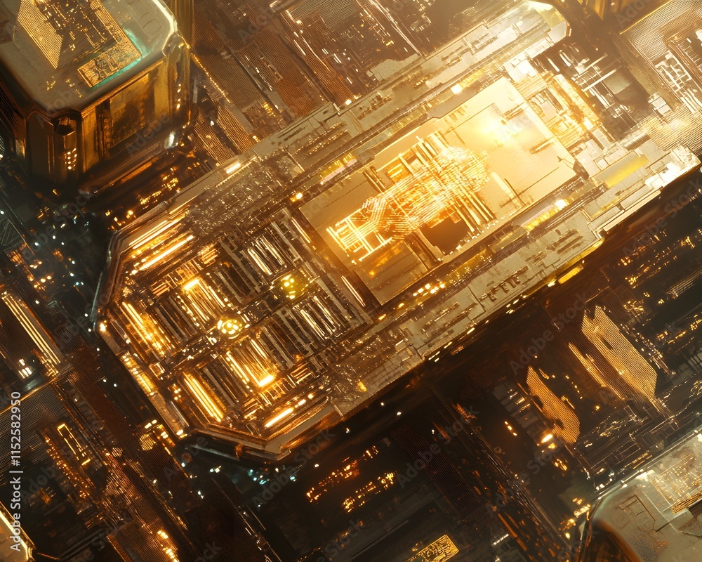 Digital Rendering of Illuminated Gold Geometric Structure Digital Rendering of Illuminated Gold Geometric Structure