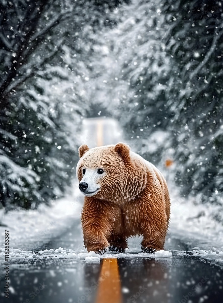 Fototapeta premium Adorable Bear Cub Walking Snowy Road Winter Scene
