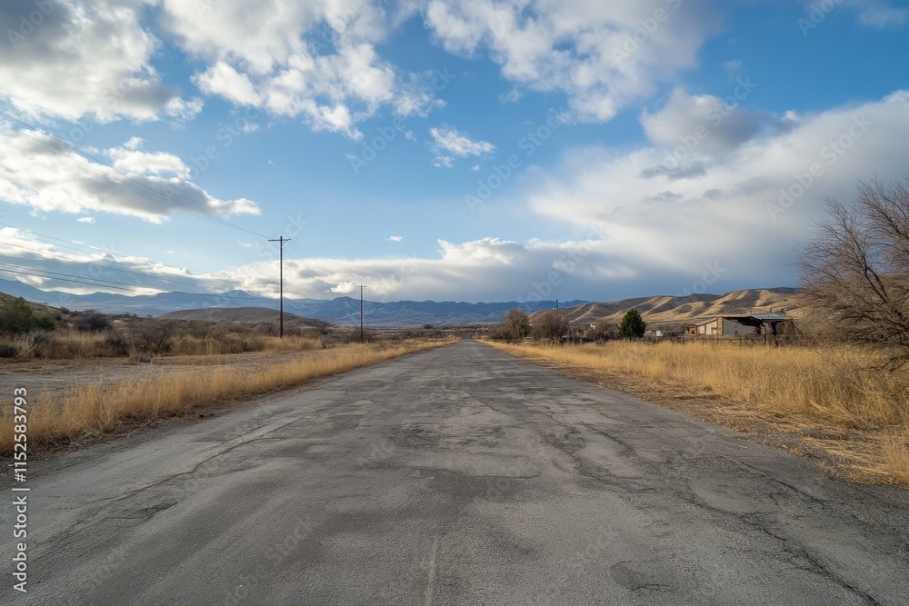 Deserted asphalt road leading to mountains under a partly cloudy sky. Deserted asphalt road leading to mountains under a partly cloudy sky.