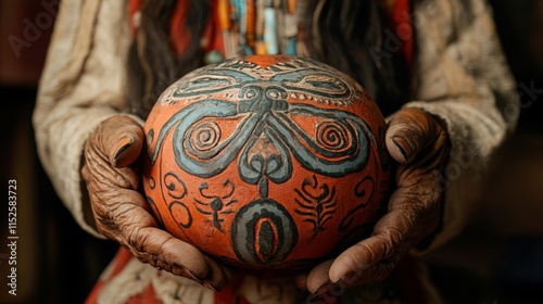 Elderly Hands Holding Ornate Hand Painted Clay Sphere photo