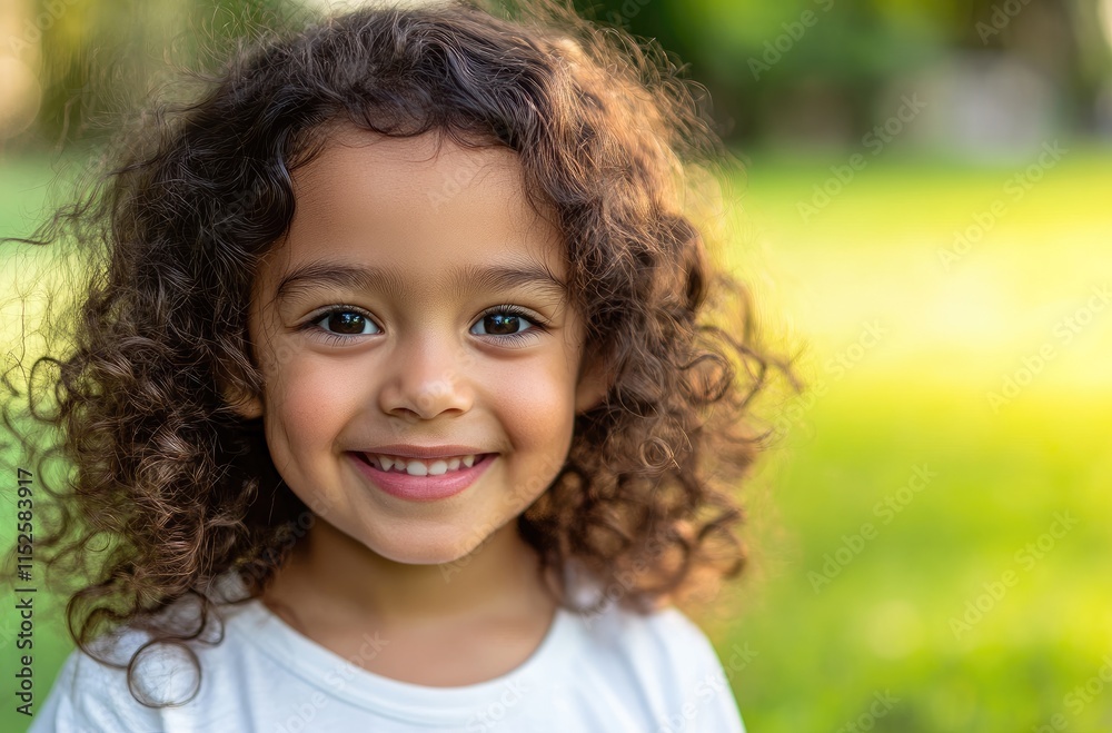 Portrait of a happy young Hispanic girl smiling in a park, with curly hair, against a green background, wearing a white shirt Portrait of a happy young Hispanic girl smiling in a park, with curly hair, against a green background, wearing a white shirt