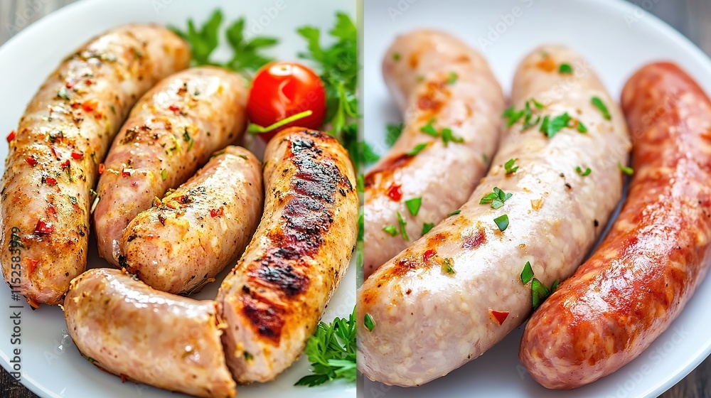 Chicken sausage vs traditional pork sausage: A comparison of flavors, textures, and nutritional benefits. This image showcases both sausages side by side, highlighting their differences in appearance, Chicken sausage vs traditional pork sausage: A comparison of flavors, textures, and nutritional benefits. This image showcases both sausages side by side, highlighting their differences in appearance,