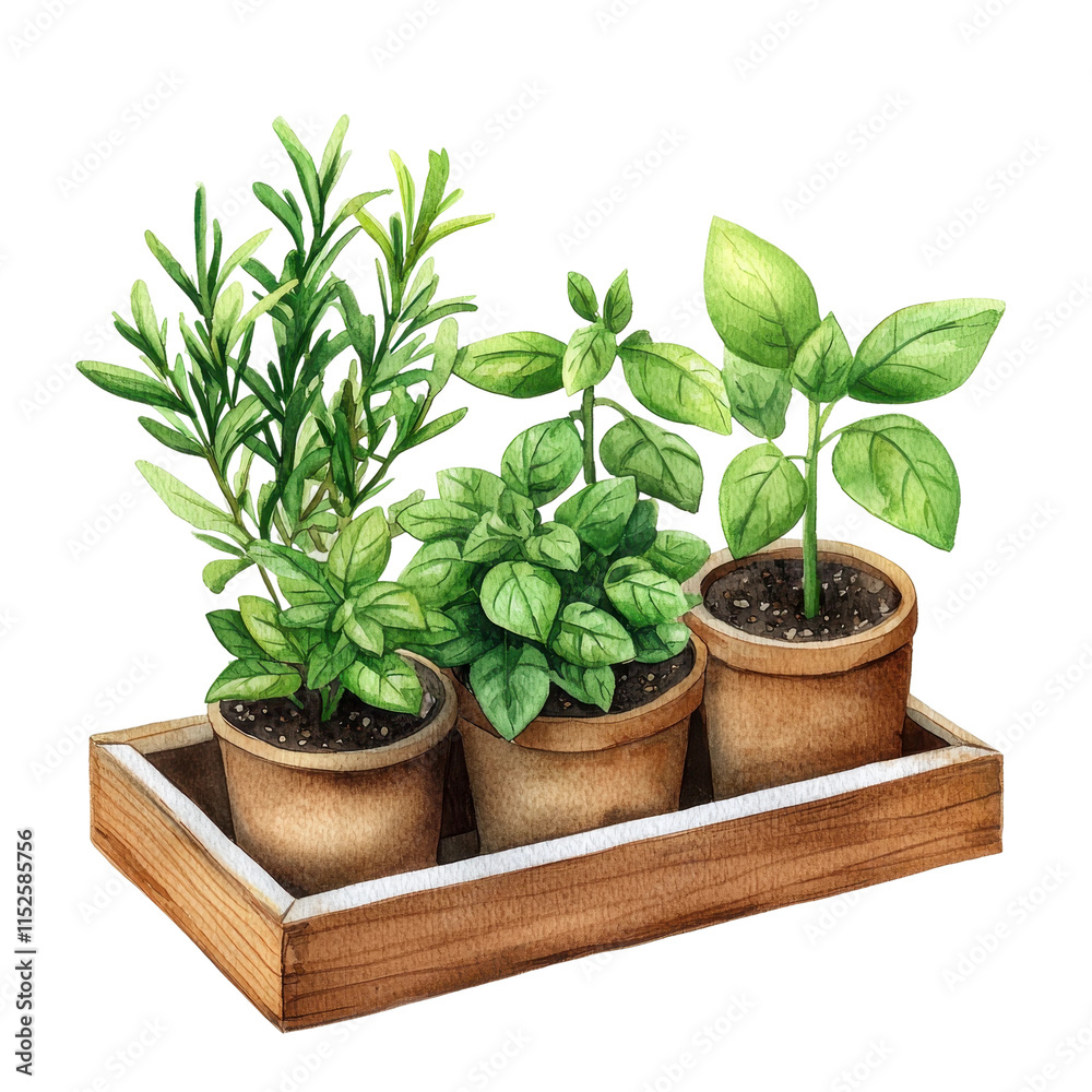Obraz premium Watercolor Herb Garden with Basil and Rosemary