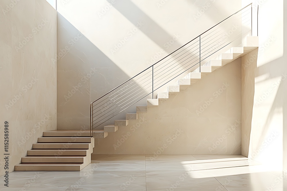 A luxury staircase with wooden treads, sleek metal railings, and a minimalist design, leading to a spacious second floor in an upscale home. A luxury staircase with wooden treads, sleek metal railings, and a minimalist design, leading to a spacious second floor in an upscale home.