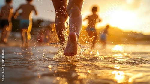 Golden Hour Beach Fun: Children's Joyful Run in the Sunset