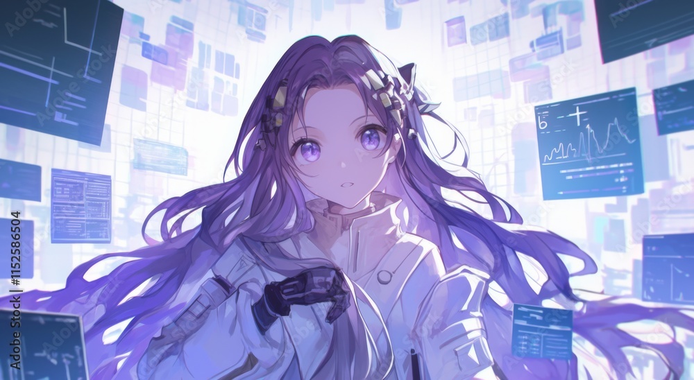 Cute Japanese anime-style girl with long purple hair and a white shirt on a white background, featuring a data chart in the upper right corner with simple lines Cute Japanese anime-style girl with long purple hair and a white shirt on a white background, featuring a data chart in the upper right corner with simple lines