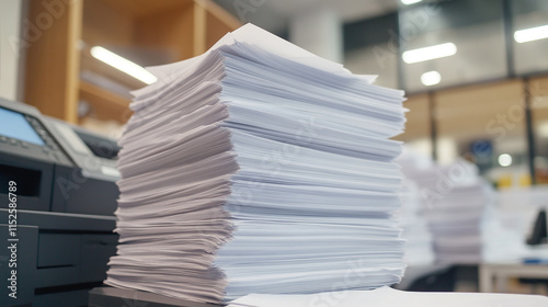 Pile of white papers next to printer in modern business office interior. job or workplace digital device machine technology equipment, for laser copy scan print, fax scanner, photocopier, printout.