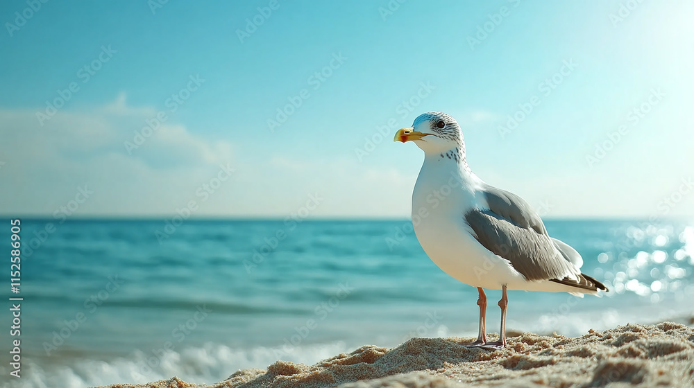 Portrait of seagull bird against blue sky or sea or ocean water, copy space. beautiful nature wildlife animal with beak and wings, freedom, coast, summer. Portrait of seagull bird against blue sky or sea or ocean water, copy space. beautiful nature wildlife animal with beak and wings, freedom, coast, summer.