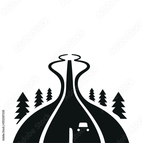 Road with white lines and a curve  Vector silhouette