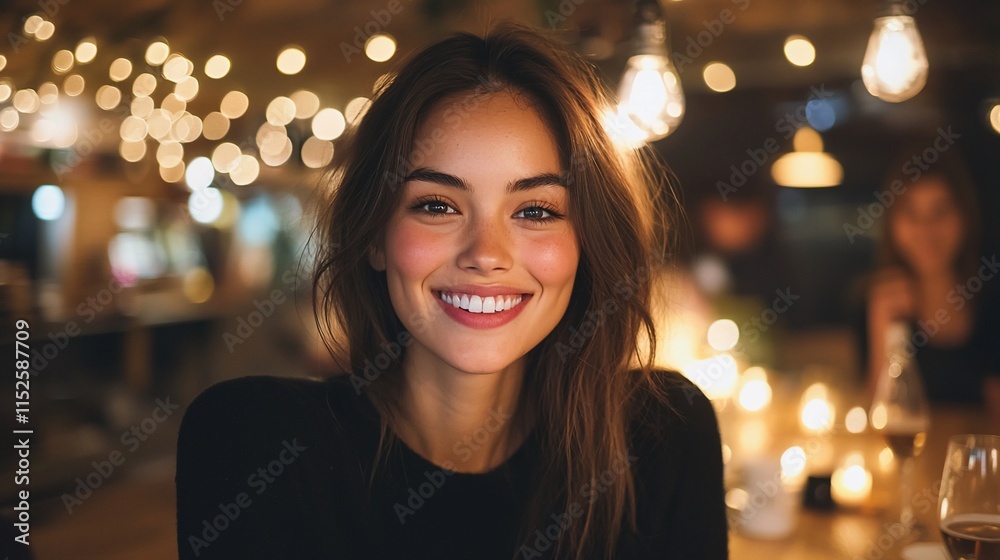 Smiling woman in dimly lit restaurant. Smiling woman in dimly lit restaurant.