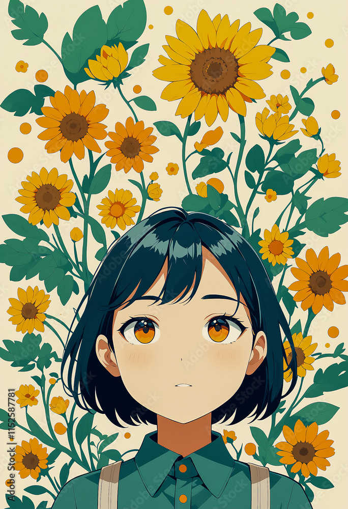 ひまわりを見上げる女の子,AI画像,Generative AI ひまわりを見上げる女の子,AI画像,Generative AI
