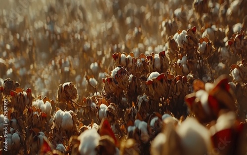 Golden hour bathes a cotton field in soft light, fluffy white bolls contrast against the warm brown stalks. A breathtaking harvest scene. photo