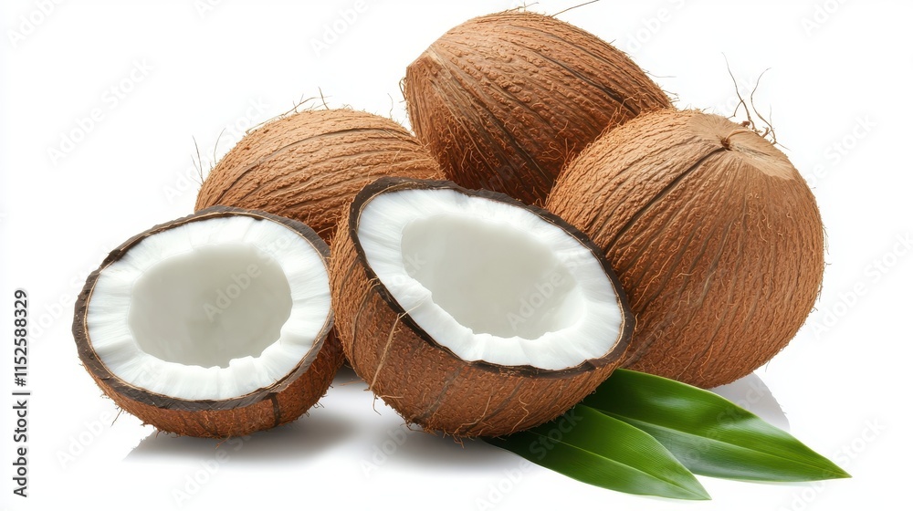 Fresh Coconuts with Shelled Halves and Green Leaves on White Background Fresh Coconuts with Shelled Halves and Green Leaves on White Background