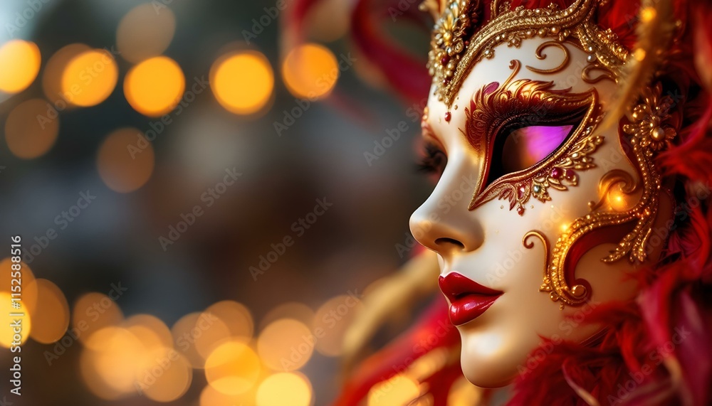 A mask in a vibrant red and gold mask, celebrating at a lively carnival parade on a festive party street A mask in a vibrant red and gold mask, celebrating at a lively carnival parade on a festive party street