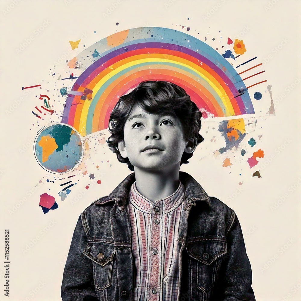 Fototapeta premium Monochrome and color collage of a boy looking up