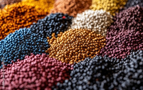 Vibrant polymer pellets in a dazzling array of colors. A close-up showcasing the texture and variety of these tiny spheres.