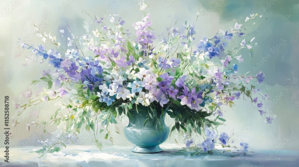 Fototapeta premium A Delicate Bouquet of Purple and White Flowers in a Vase