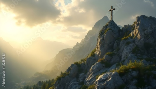 A mountain summit featuring a cross, contrasted against a cloudy sky, embodying the themes of resurrection and faith associated with Easter photo