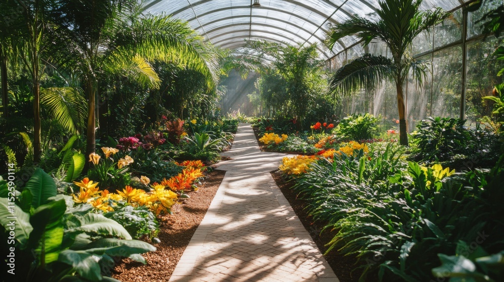 Naklejka premium Sunlit Greenhouse Path Amongst Vibrant Tropical Flowers