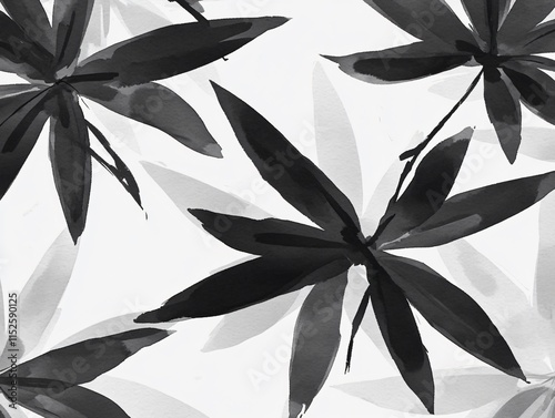 Monochromatic Watercolor Floral Pattern: Elegant Black and White Leaves Design photo