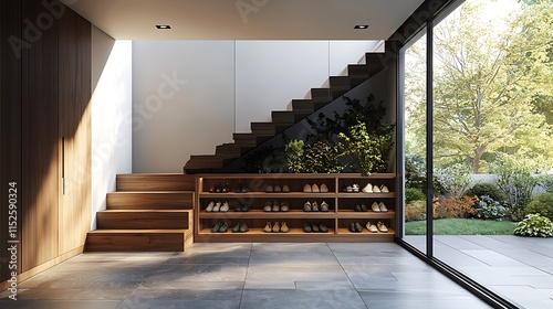 A minimalist hallway with hidden shoe storage under the stairs, utilizing the space efficiently while maintaining a clean, organized look.