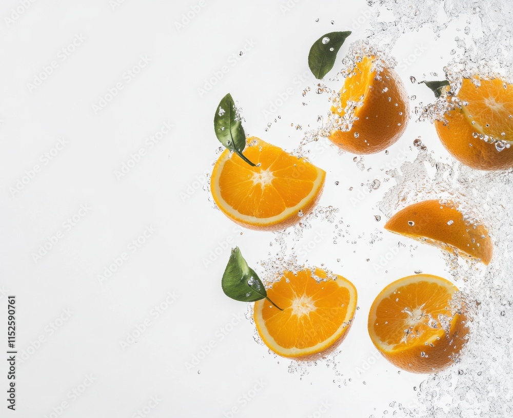 Fresh Orange Slices Splashing in Clear Water on White Background Fresh Orange Slices Splashing in Clear Water on White Background
