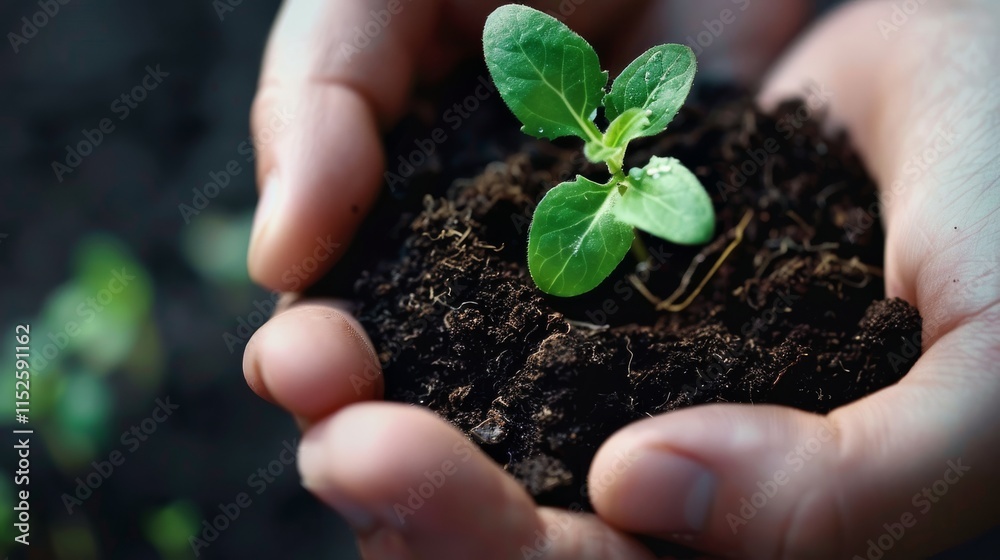 Hands Holding Seedling with Soil Representing Growth and Environmental Care Hands Holding Seedling with Soil Representing Growth and Environmental Care