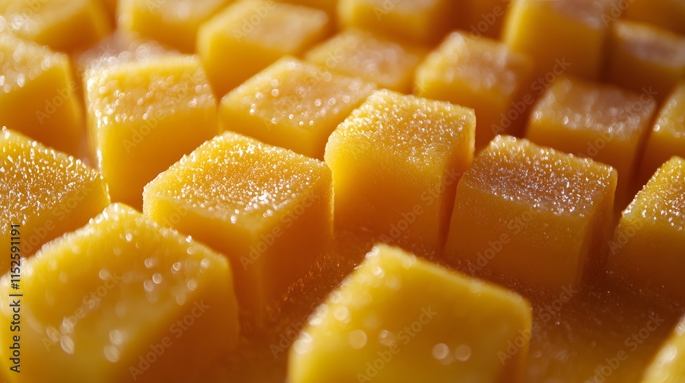 Fresh mango cubes arranged uniformly. Close-up food photography with bright natural lighting. Vibrant yellow, juicy tropical fruit chunks with glossy surface and textural detail. Commercial style. Fresh mango cubes arranged uniformly. Close-up food photography with bright natural lighting. Vibrant yellow, juicy tropical fruit chunks with glossy surface and textural detail. Commercial style.