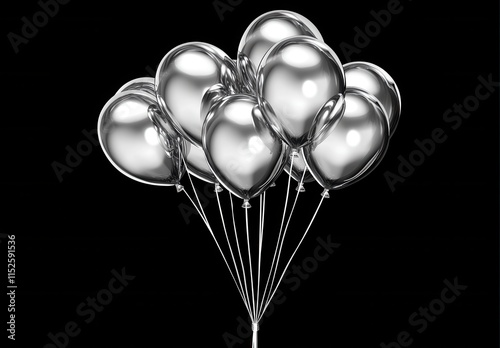 Silver Heart-Shaped Balloons Floating Against a Black Background