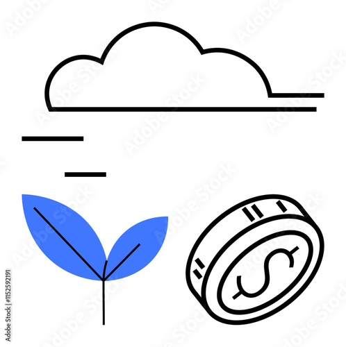 Cloud above blue leaves and a coin representing eco-friendly sustainable growth and financial investments. Ideal for environment, finance, eco-friendly projects, growth strategies, investments, green