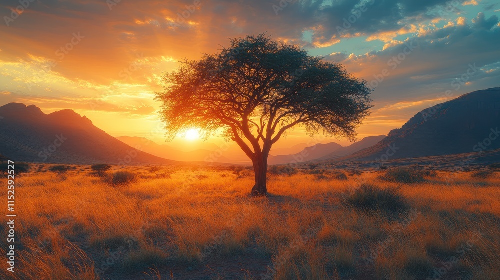 A solitary tree silhouetted against a vibrant sunset in a serene landscape. A solitary tree silhouetted against a vibrant sunset in a serene landscape.