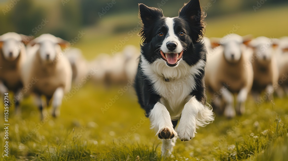 Majestic border collie running in foreground. Black and white fur detail with alert expression. Green meadow with blurred sheep in background. Dynamic action shot in professional pet photography.