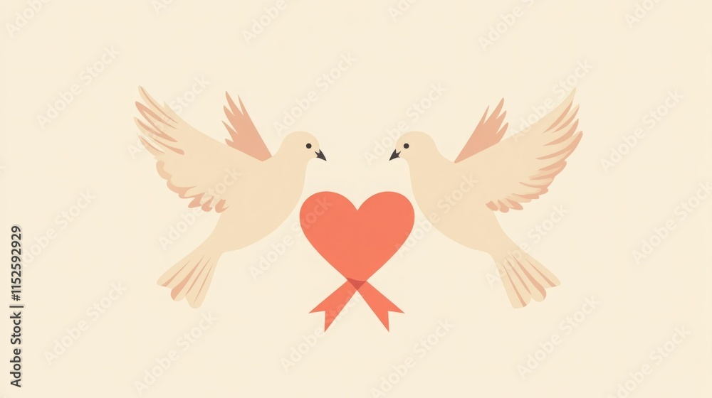 Two doves in flight, embracing a heart. Symbol of love and peace. Two doves in flight, embracing a heart. Symbol of love and peace.