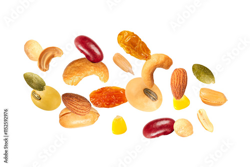 Mix nuts. Different falling isolated on white background. photo