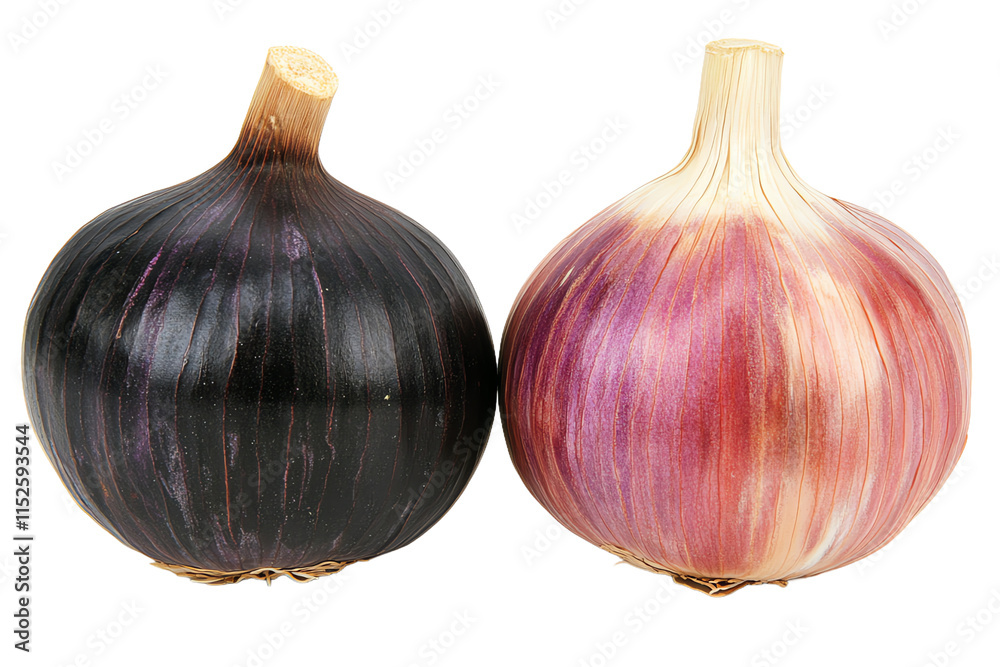 Obraz premium Two Different Garlic Next to Each Other with Some Space Between PNG